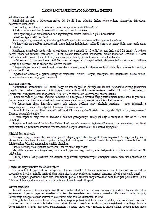 Lakossagi tajekoztato kanikula idejere