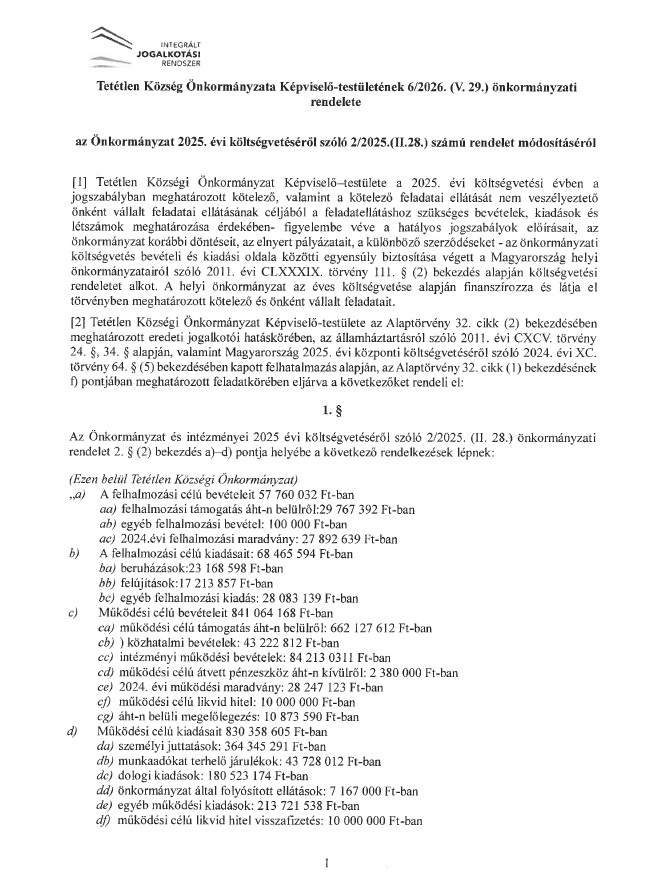 6 2026 V 29 az Onkormanyzat 2025 evi koltsegveteserol szolo rendelet modositasarol