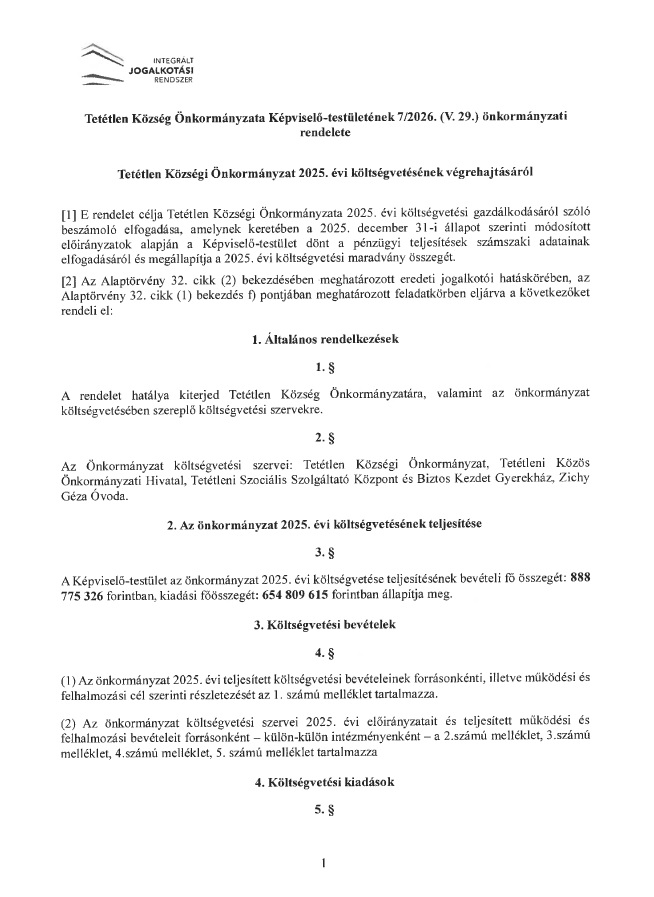 7 2026 V 29 Tetetlen Kozsegi Onkormanyzat 2025 evi koltsegvetesenek vegrehajtasarol zarszamadas