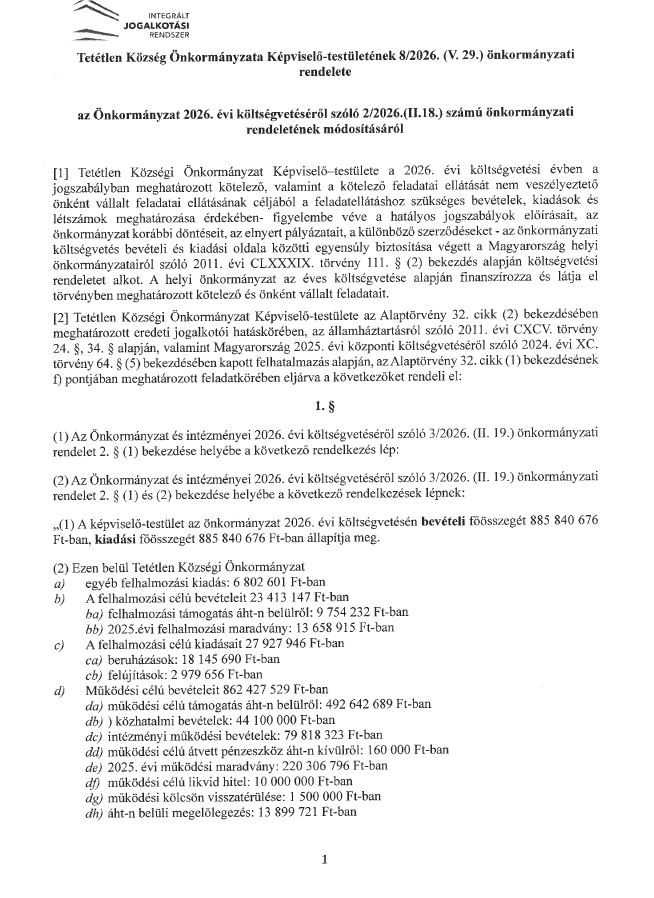 8 2026 V 29 az Onkormanyzat 2026 evi koltsegveteserol szolo rendelet modositasarol
